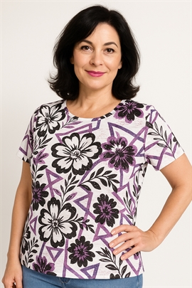 Mudflower T-shirt med lilla blomster og små sten